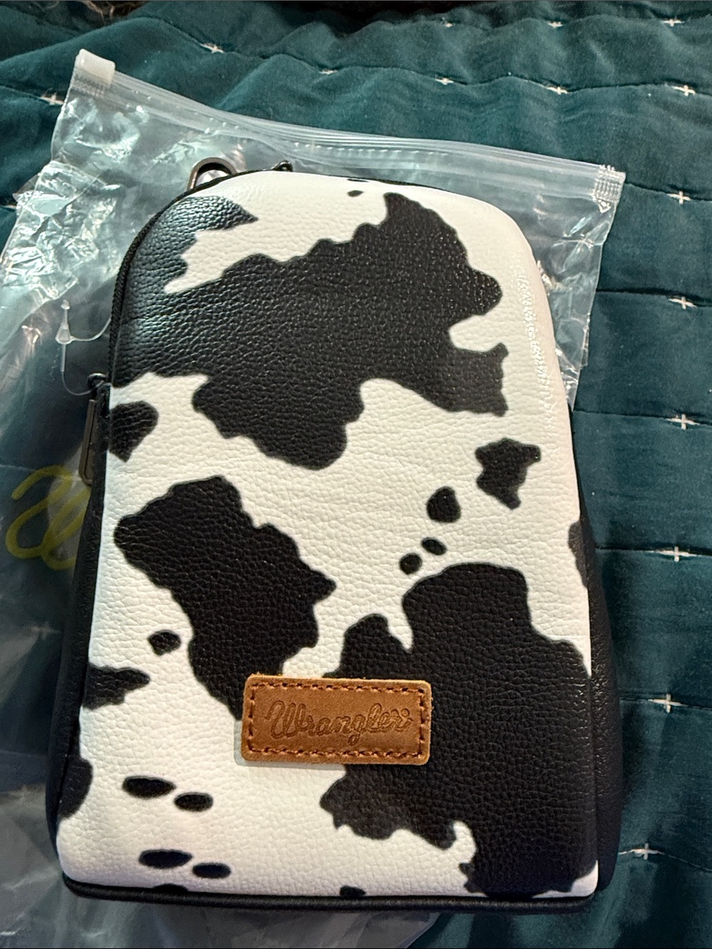 Wrangler Black and White Cowprint Crossbody Pouch with Tan Logo Patch